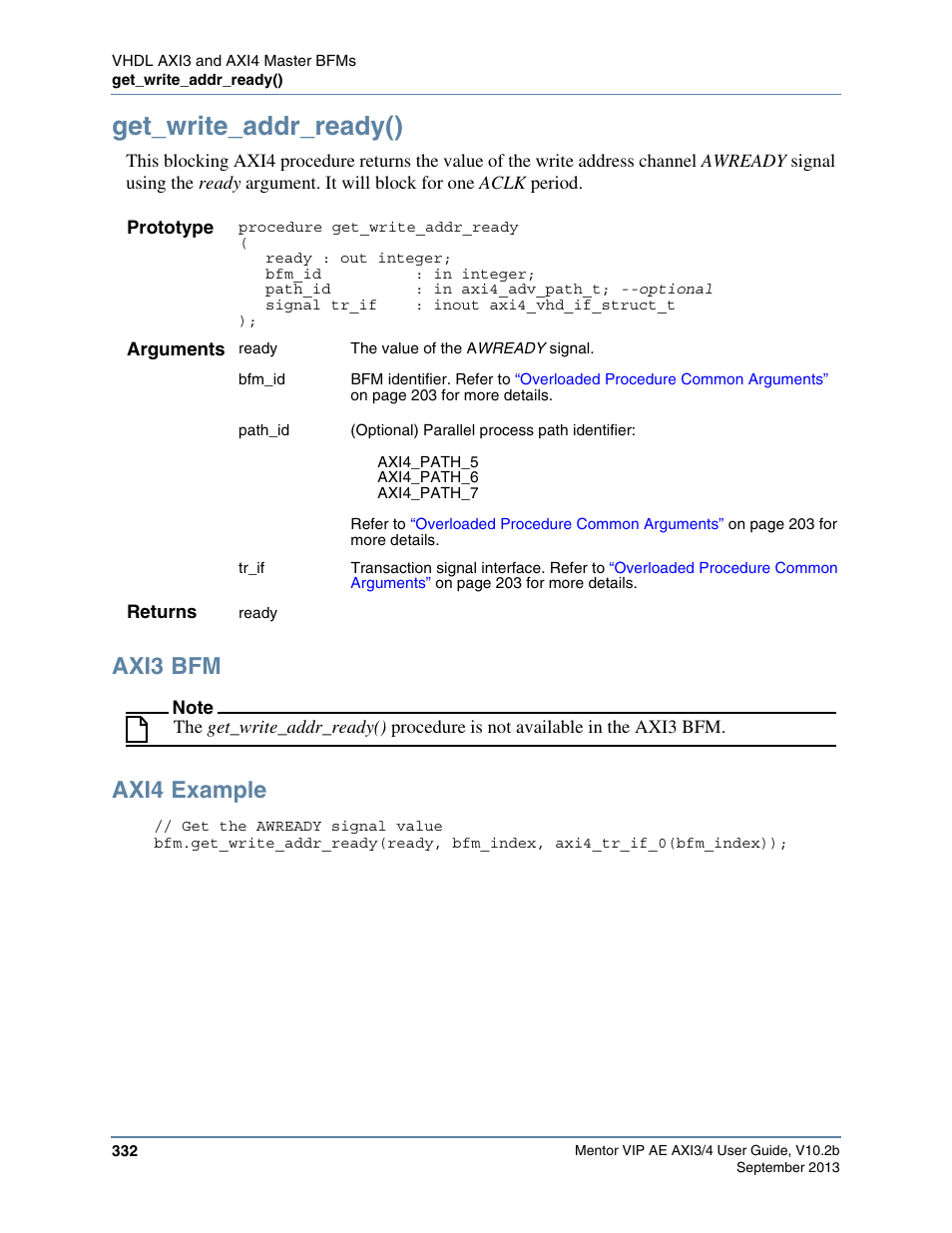 Get_write_addr_ready(), Axi3 bfm, Axi4 example | Altera Mentor Verification IP Altera Edition AMBA AXI3/4TM User Manual | Page 350 / 783