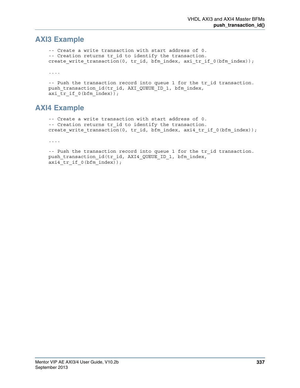 Axi3 example, Axi4 example | Altera Mentor Verification IP Altera Edition AMBA AXI3/4TM User Manual | Page 355 / 783