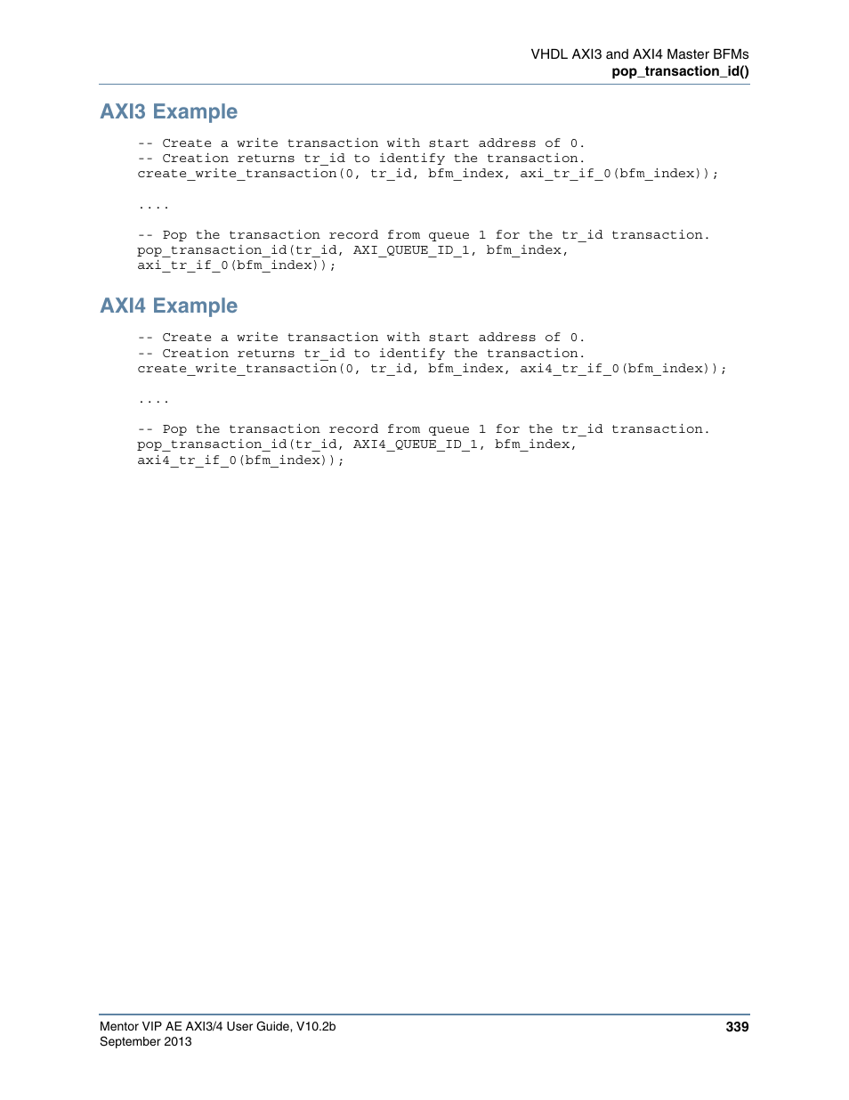 Axi3 example, Axi4 example | Altera Mentor Verification IP Altera Edition AMBA AXI3/4TM User Manual | Page 357 / 783