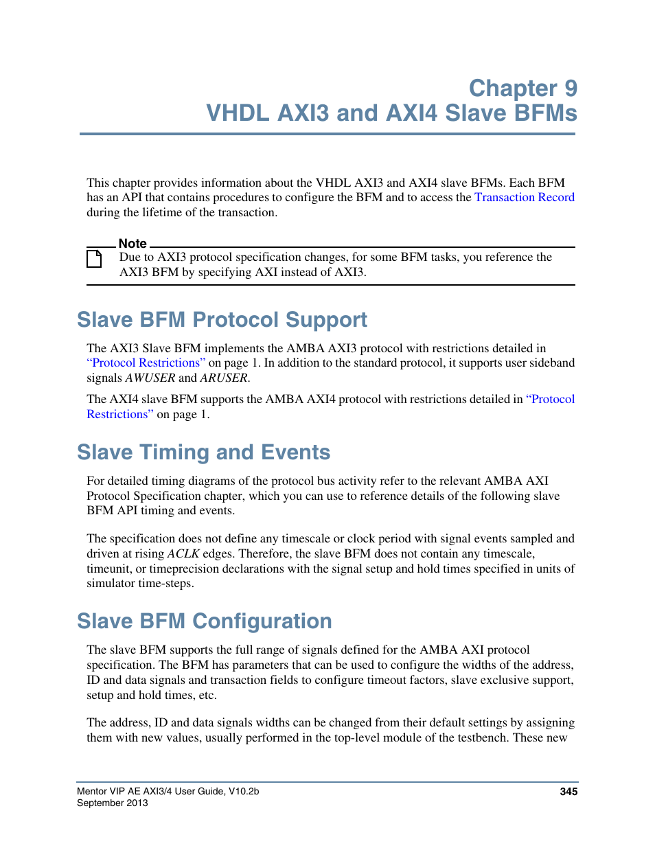 Chapter 9 vhdl axi3 and axi4 slave bfms, Slave bfm protocol support, Slave timing and events | Slave bfm configuration | Altera Mentor Verification IP Altera Edition AMBA AXI3/4TM User Manual | Page 365 / 783
