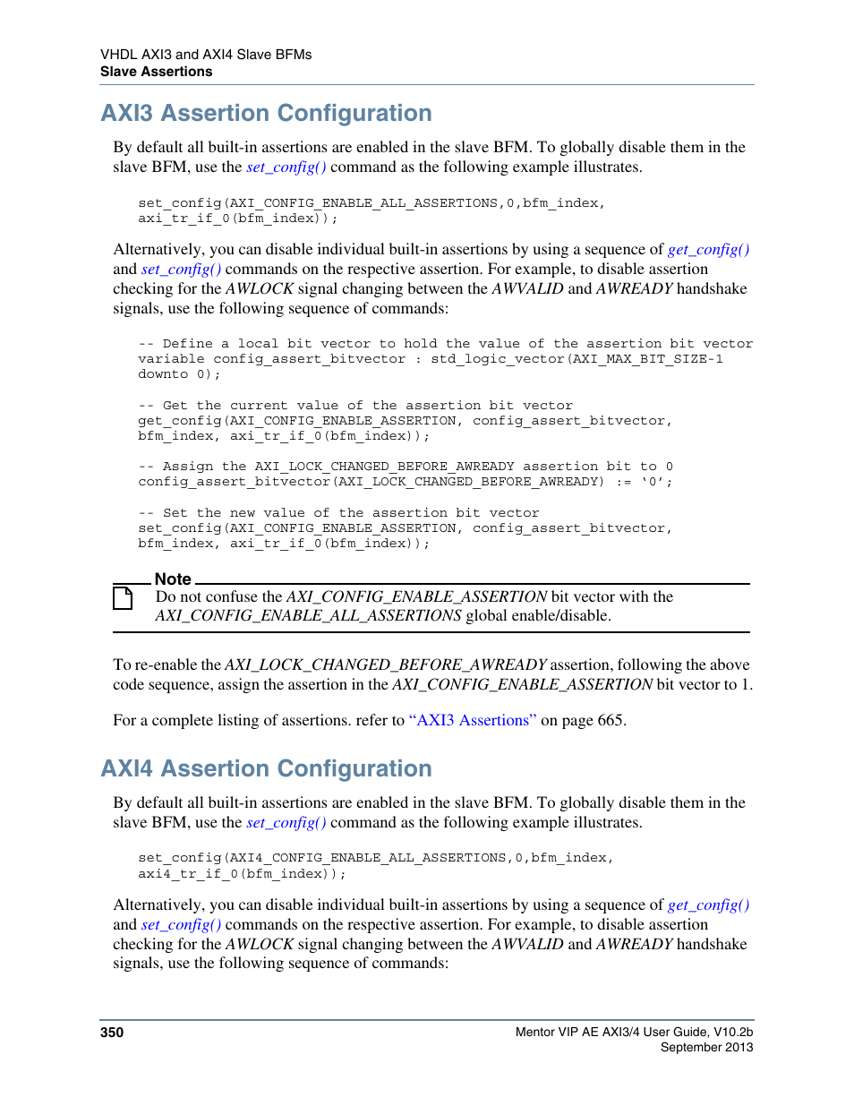 Axi3 assertion configuration, Axi4 assertion configuration | Altera Mentor Verification IP Altera Edition AMBA AXI3/4TM User Manual | Page 370 / 783