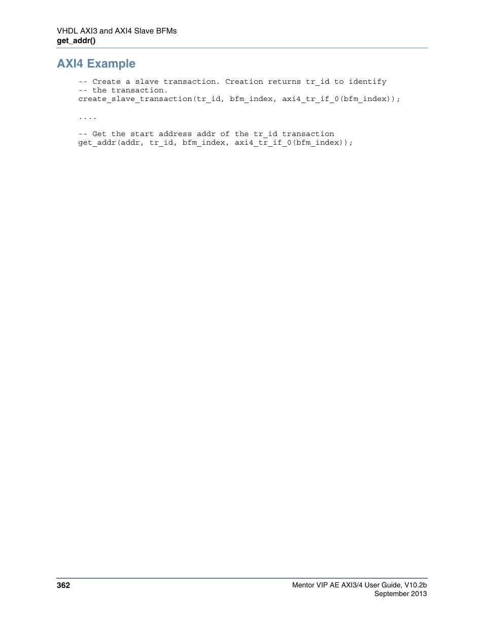 Axi4 example | Altera Mentor Verification IP Altera Edition AMBA AXI3/4TM User Manual | Page 382 / 783