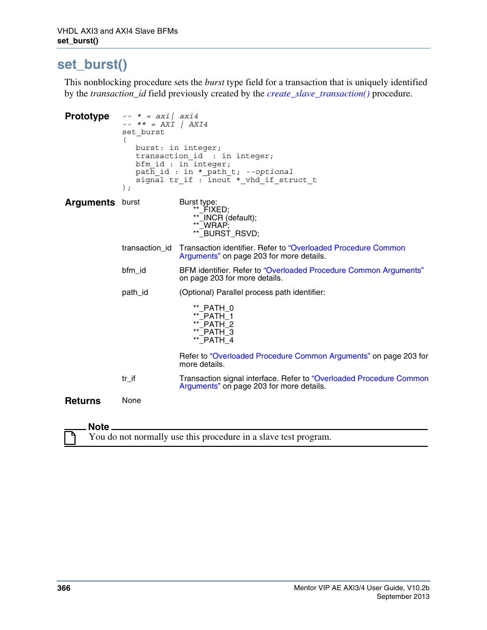 Set_burst() | Altera Mentor Verification IP Altera Edition AMBA AXI3/4TM User Manual | Page 386 / 783