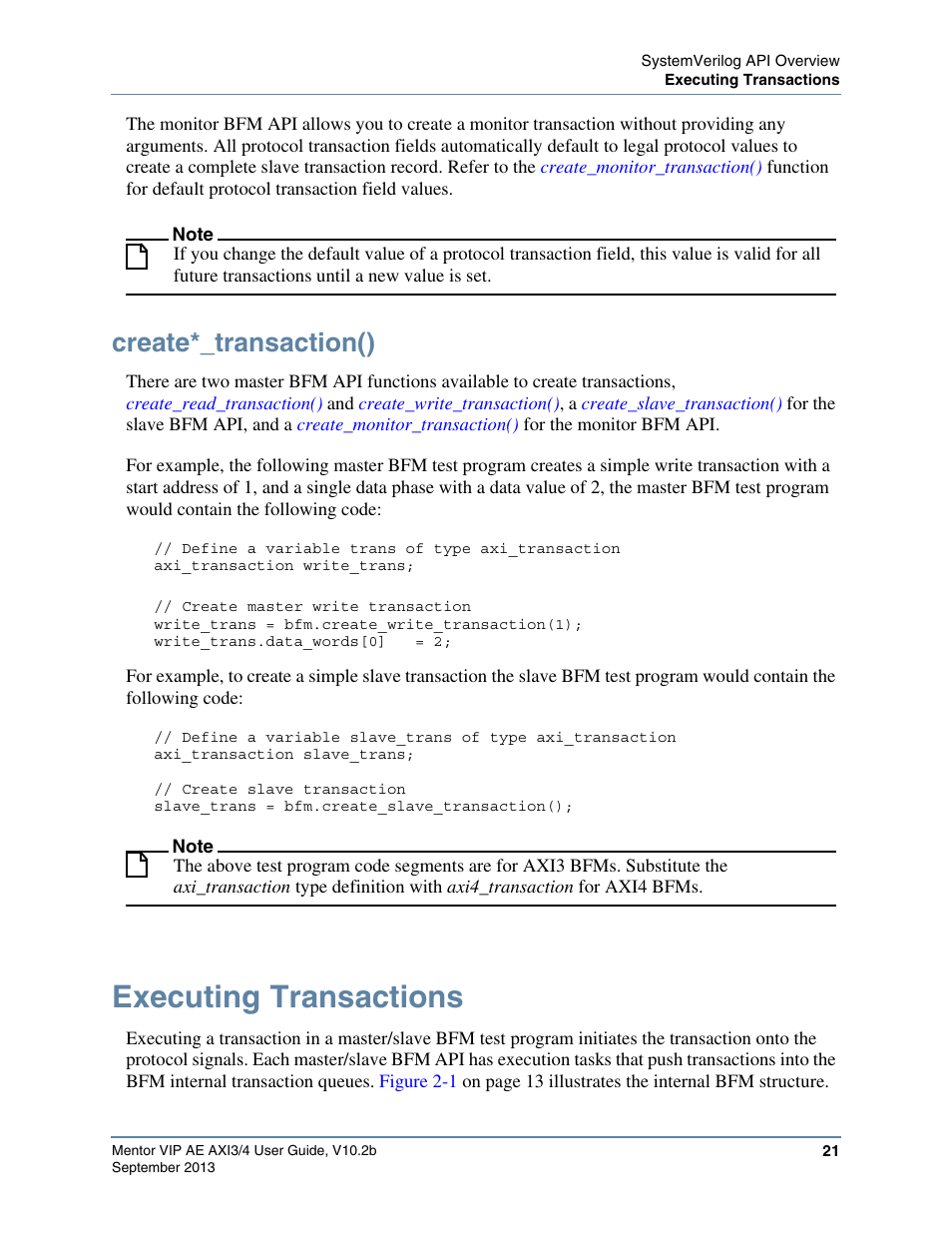 Create*_transaction(), Executing transactions | Altera Mentor Verification IP Altera Edition AMBA AXI3/4TM User Manual | Page 39 / 783