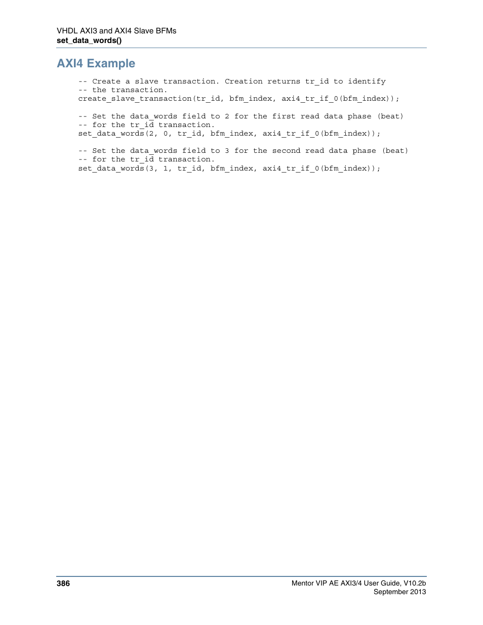 Axi4 example | Altera Mentor Verification IP Altera Edition AMBA AXI3/4TM User Manual | Page 406 / 783