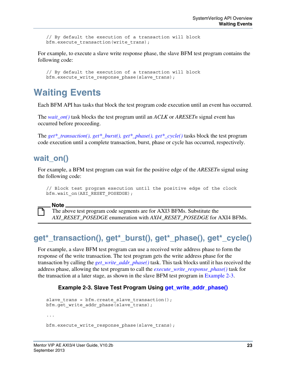 Waiting events, Wait_on(), Example 2-3. slave test program using | Altera Mentor Verification IP Altera Edition AMBA AXI3/4TM User Manual | Page 41 / 783