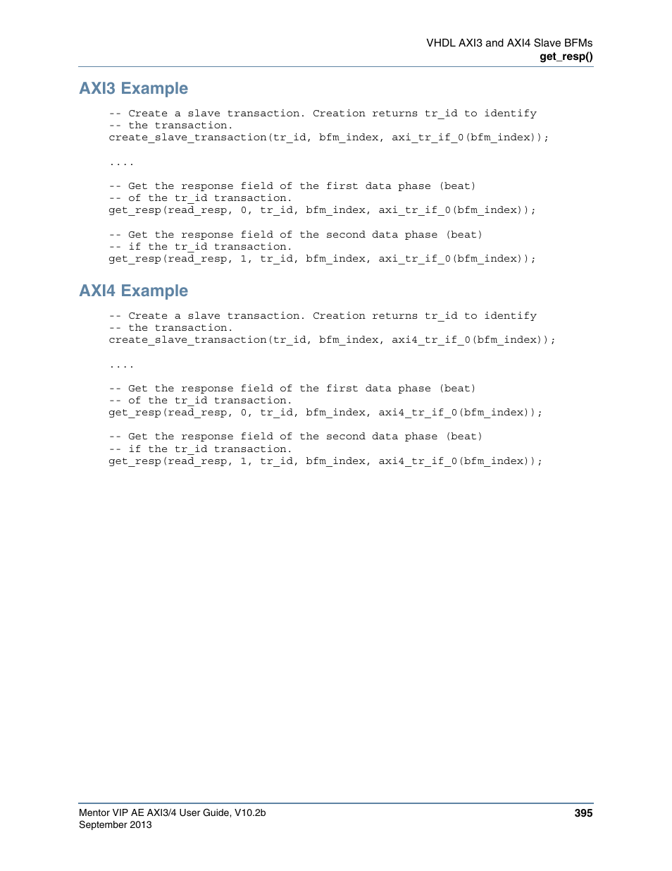 Axi3 example, Axi4 example | Altera Mentor Verification IP Altera Edition AMBA AXI3/4TM User Manual | Page 415 / 783