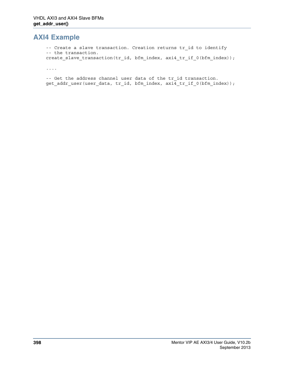 Axi4 example | Altera Mentor Verification IP Altera Edition AMBA AXI3/4TM User Manual | Page 418 / 783