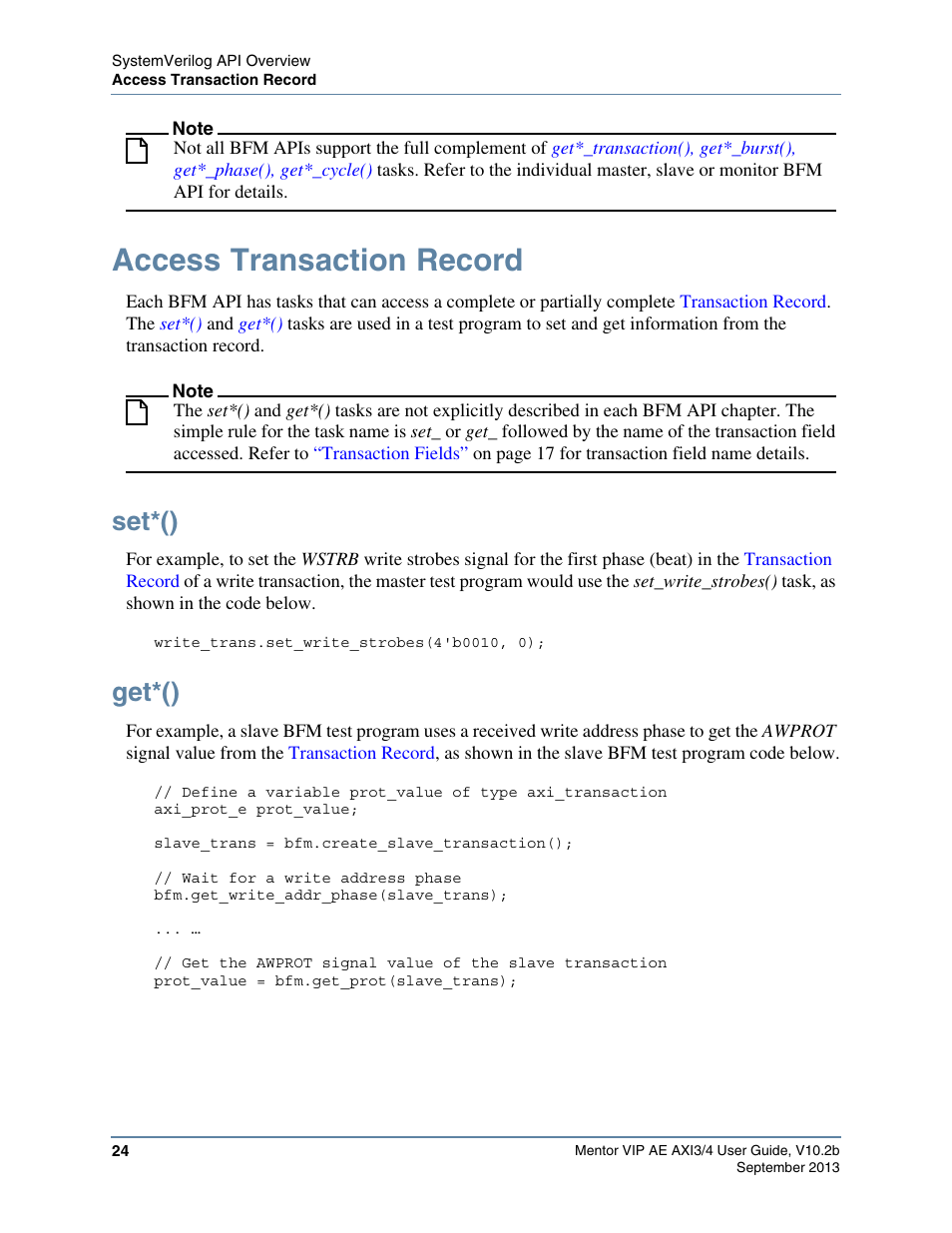 Access transaction record, Set*(), Get*() | Altera Mentor Verification IP Altera Edition AMBA AXI3/4TM User Manual | Page 42 / 783