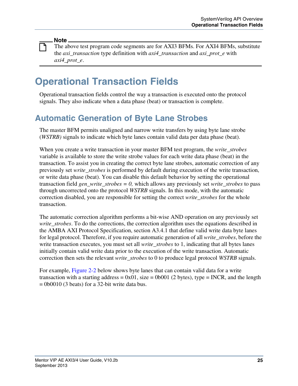Operational transaction fields, Automatic generation of byte lane strobes, Automatic | Generation of byte lane strobes | Altera Mentor Verification IP Altera Edition AMBA AXI3/4TM User Manual | Page 43 / 783