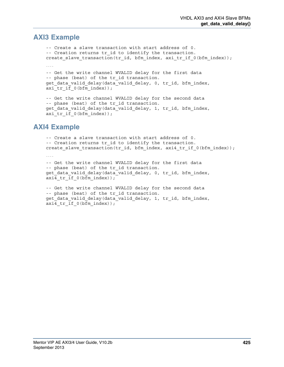 Axi3 example, Axi4 example | Altera Mentor Verification IP Altera Edition AMBA AXI3/4TM User Manual | Page 445 / 783