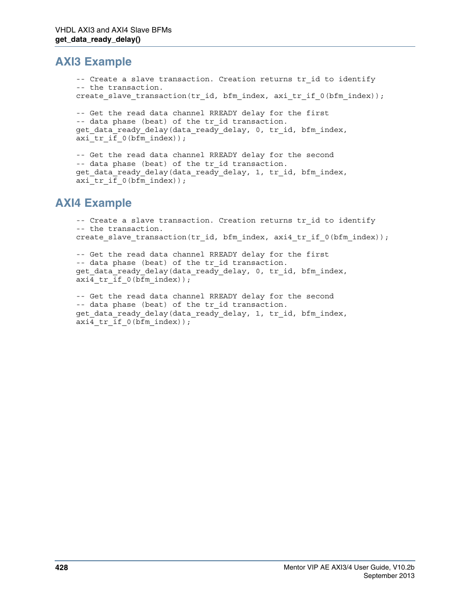 Axi3 example, Axi4 example | Altera Mentor Verification IP Altera Edition AMBA AXI3/4TM User Manual | Page 448 / 783