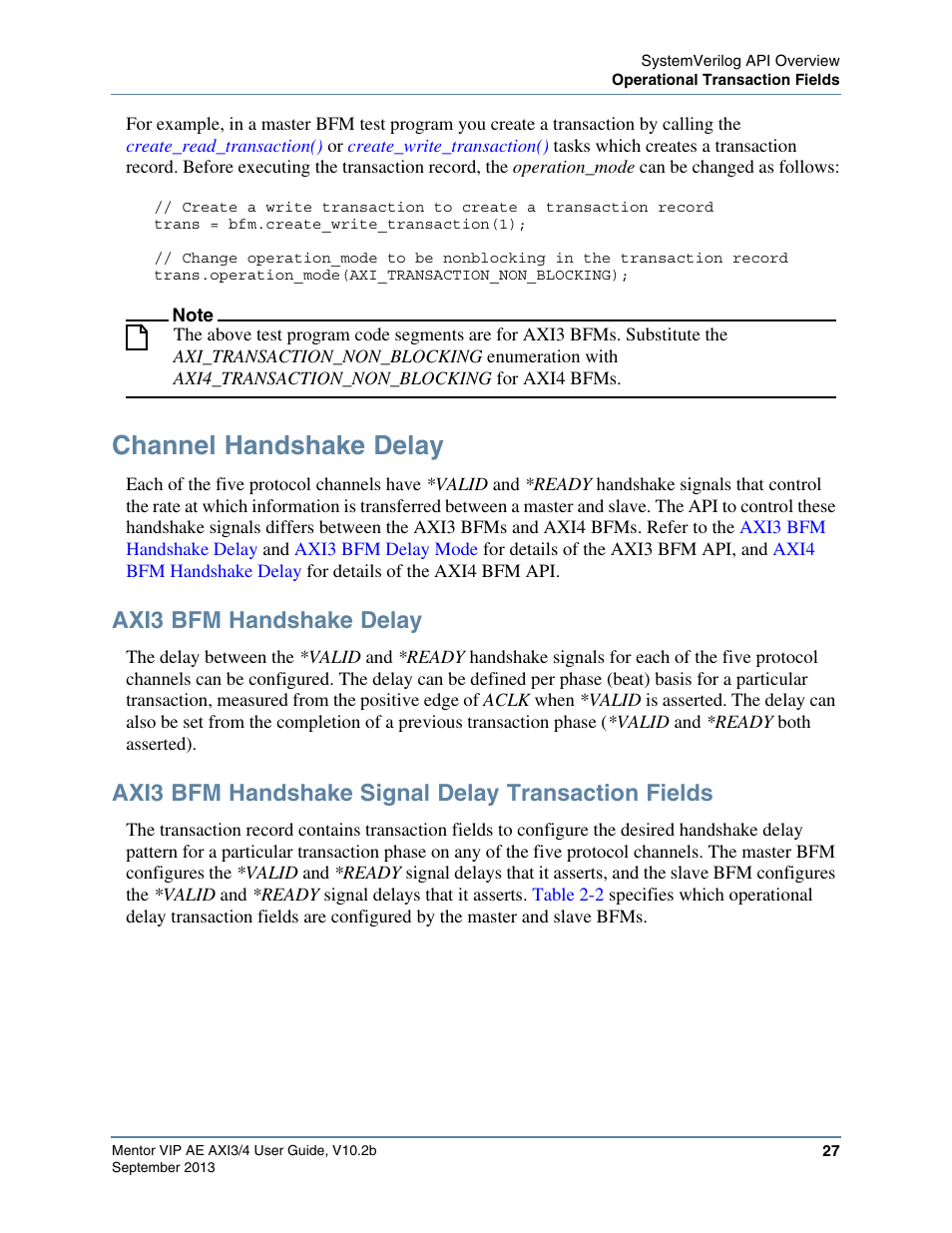 Channel handshake delay, Axi3 bfm handshake delay, Axi3 bfm handshake signal delay transaction fields | Altera Mentor Verification IP Altera Edition AMBA AXI3/4TM User Manual | Page 45 / 783