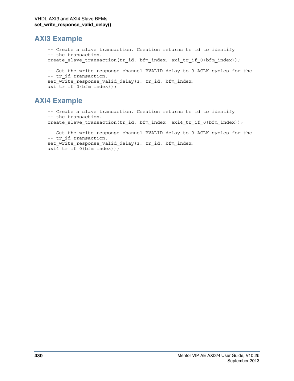 Axi3 example, Axi4 example | Altera Mentor Verification IP Altera Edition AMBA AXI3/4TM User Manual | Page 450 / 783