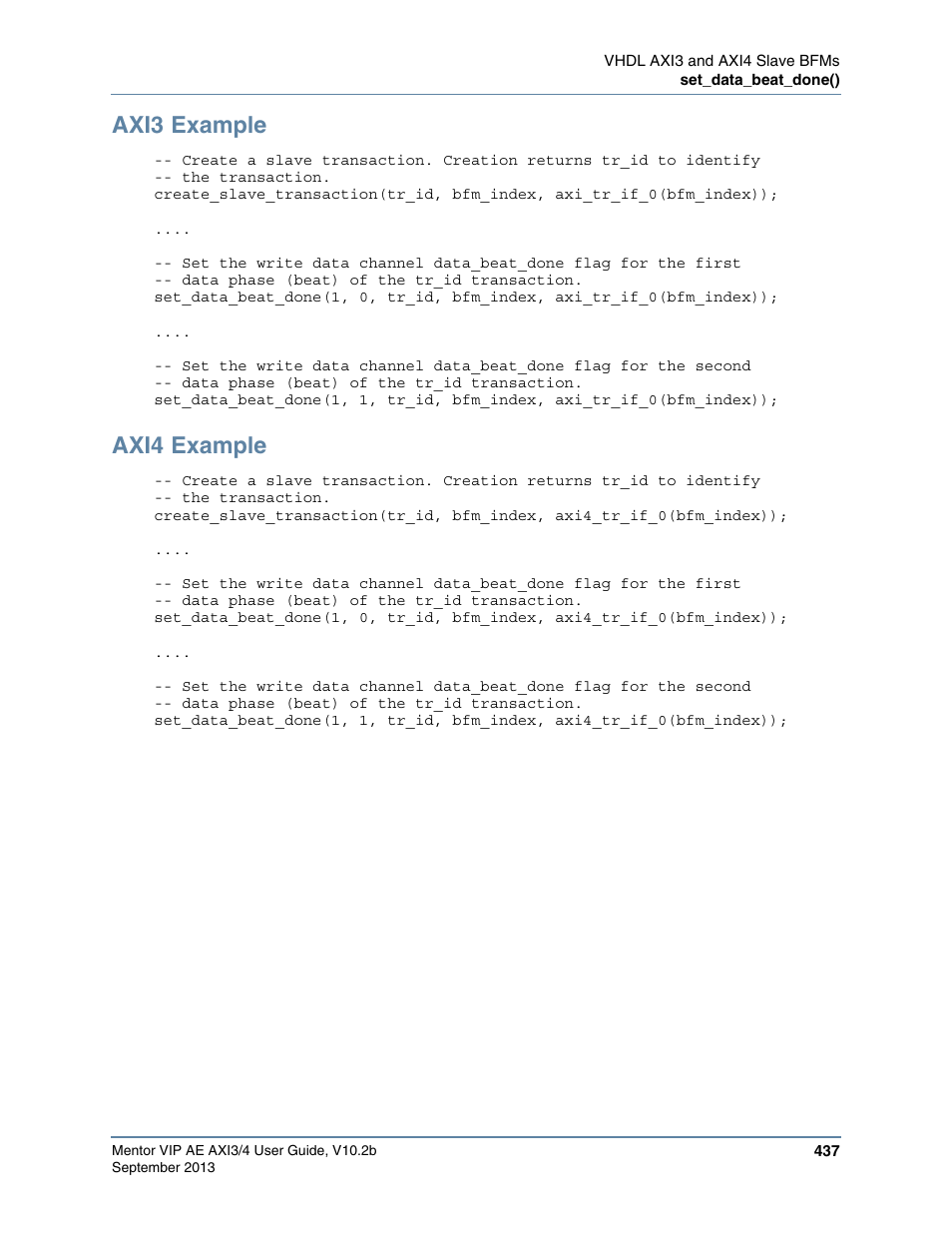 Axi3 example, Axi4 example | Altera Mentor Verification IP Altera Edition AMBA AXI3/4TM User Manual | Page 457 / 783