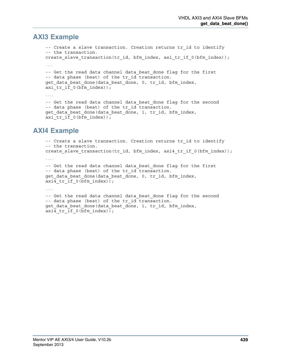 Axi3 example, Axi4 example | Altera Mentor Verification IP Altera Edition AMBA AXI3/4TM User Manual | Page 459 / 783
