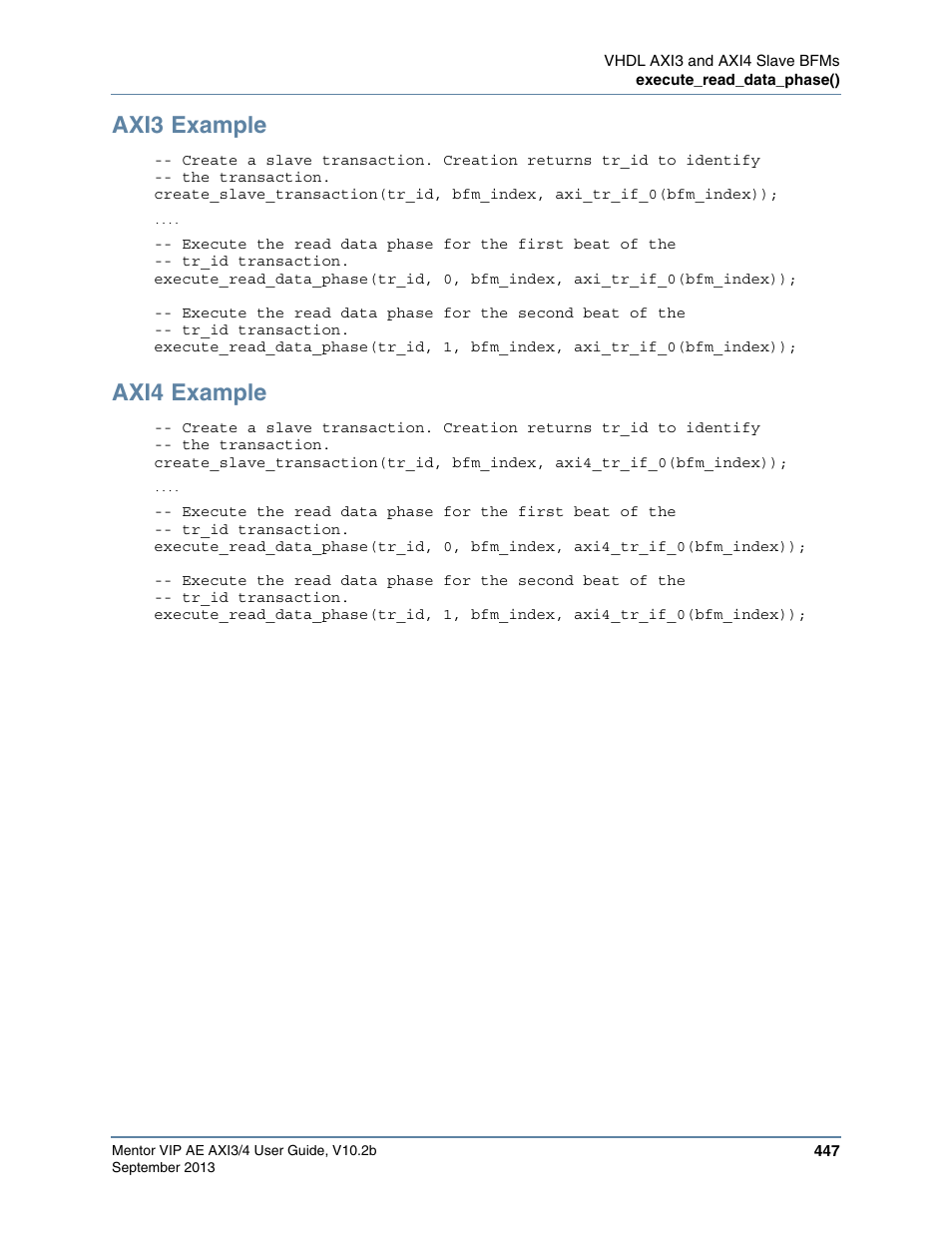 Axi3 example, Axi4 example | Altera Mentor Verification IP Altera Edition AMBA AXI3/4TM User Manual | Page 467 / 783