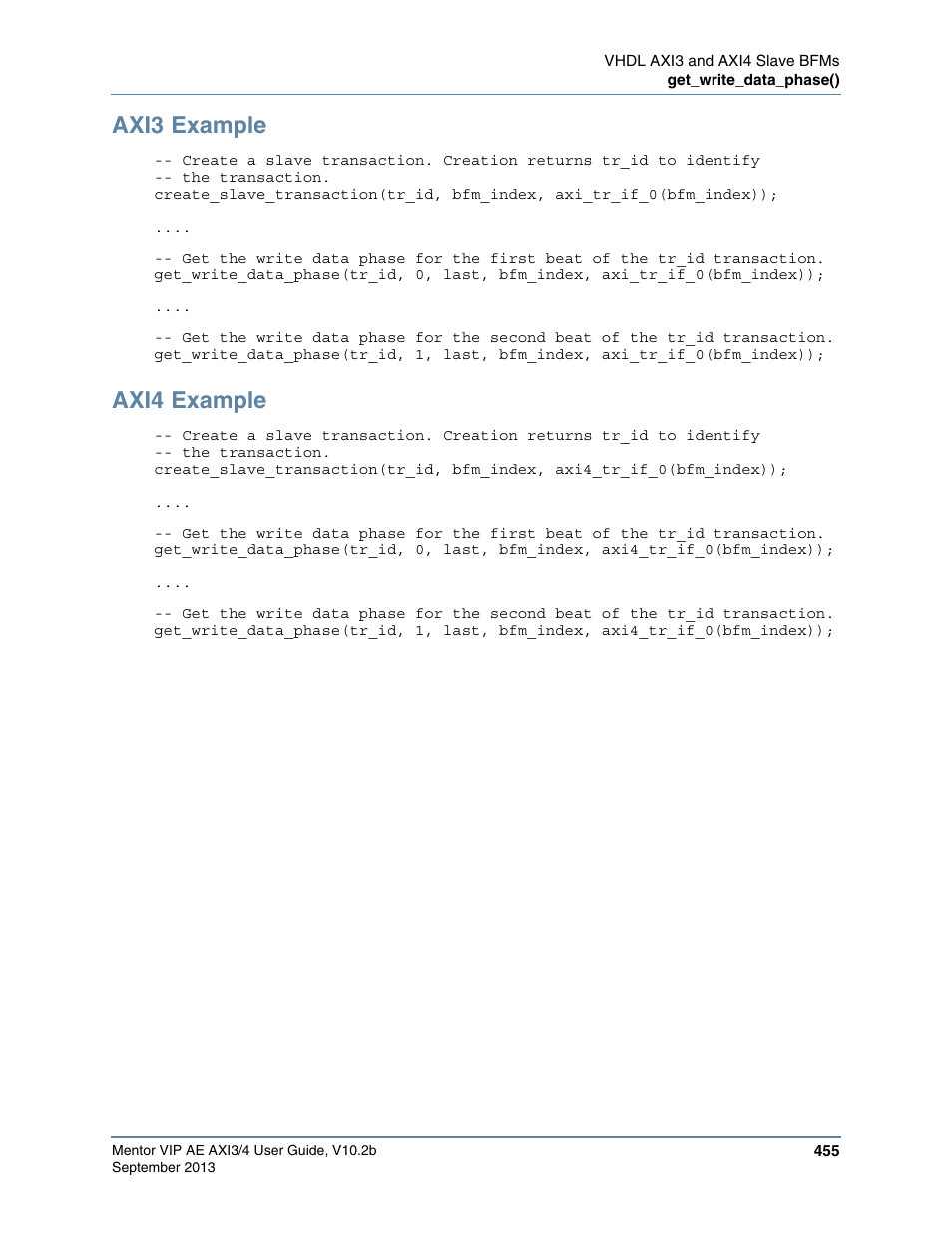 Axi3 example, Axi4 example | Altera Mentor Verification IP Altera Edition AMBA AXI3/4TM User Manual | Page 475 / 783