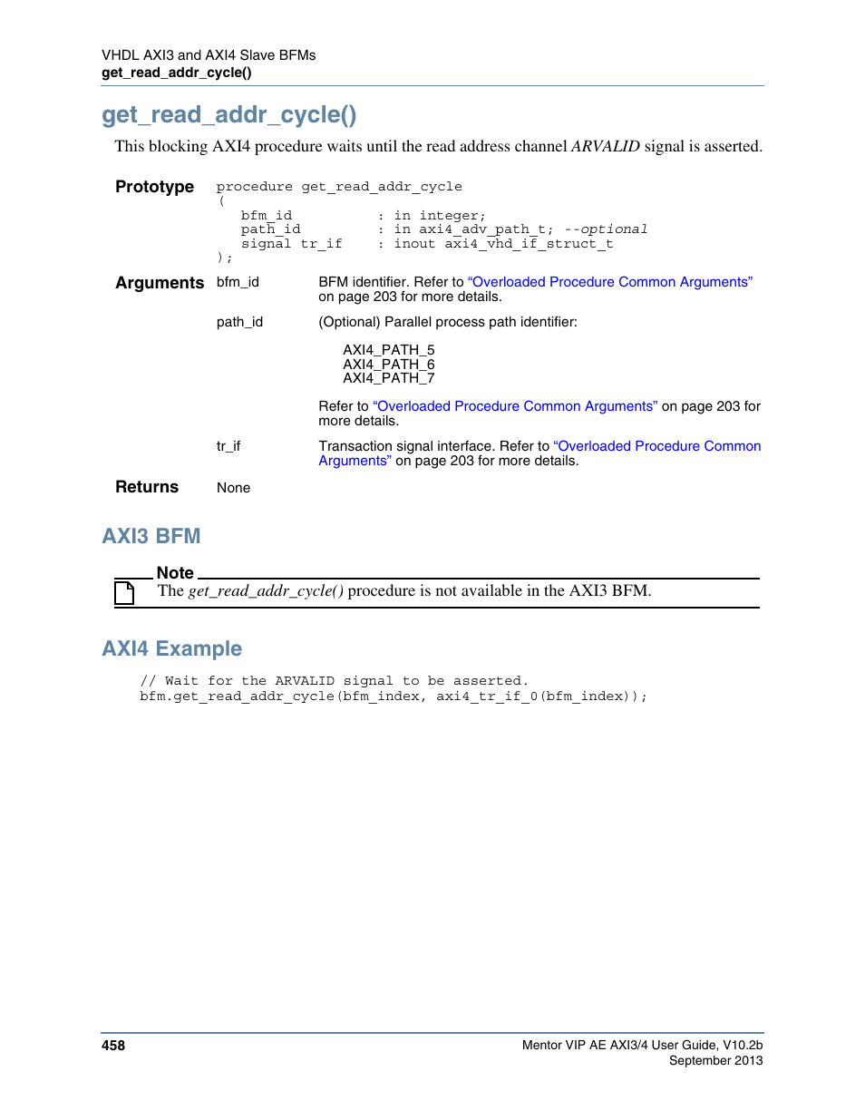 Get_read_addr_cycle(), Axi3 bfm, Axi4 example | Altera Mentor Verification IP Altera Edition AMBA AXI3/4TM User Manual | Page 478 / 783