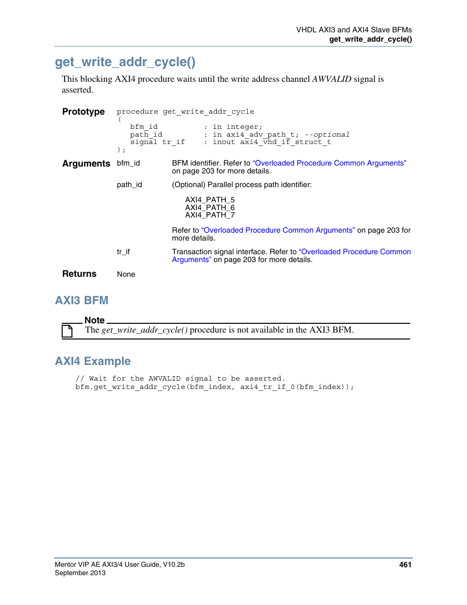 Get_write_addr_cycle(), Axi3 bfm, Axi4 example | Altera Mentor Verification IP Altera Edition AMBA AXI3/4TM User Manual | Page 481 / 783