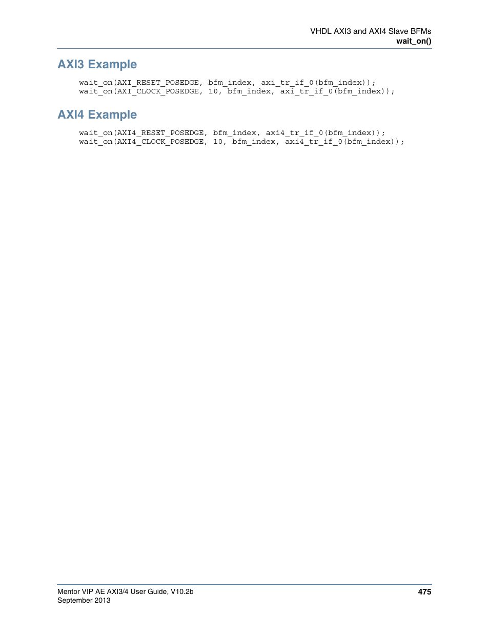 Axi3 example, Axi4 example | Altera Mentor Verification IP Altera Edition AMBA AXI3/4TM User Manual | Page 495 / 783