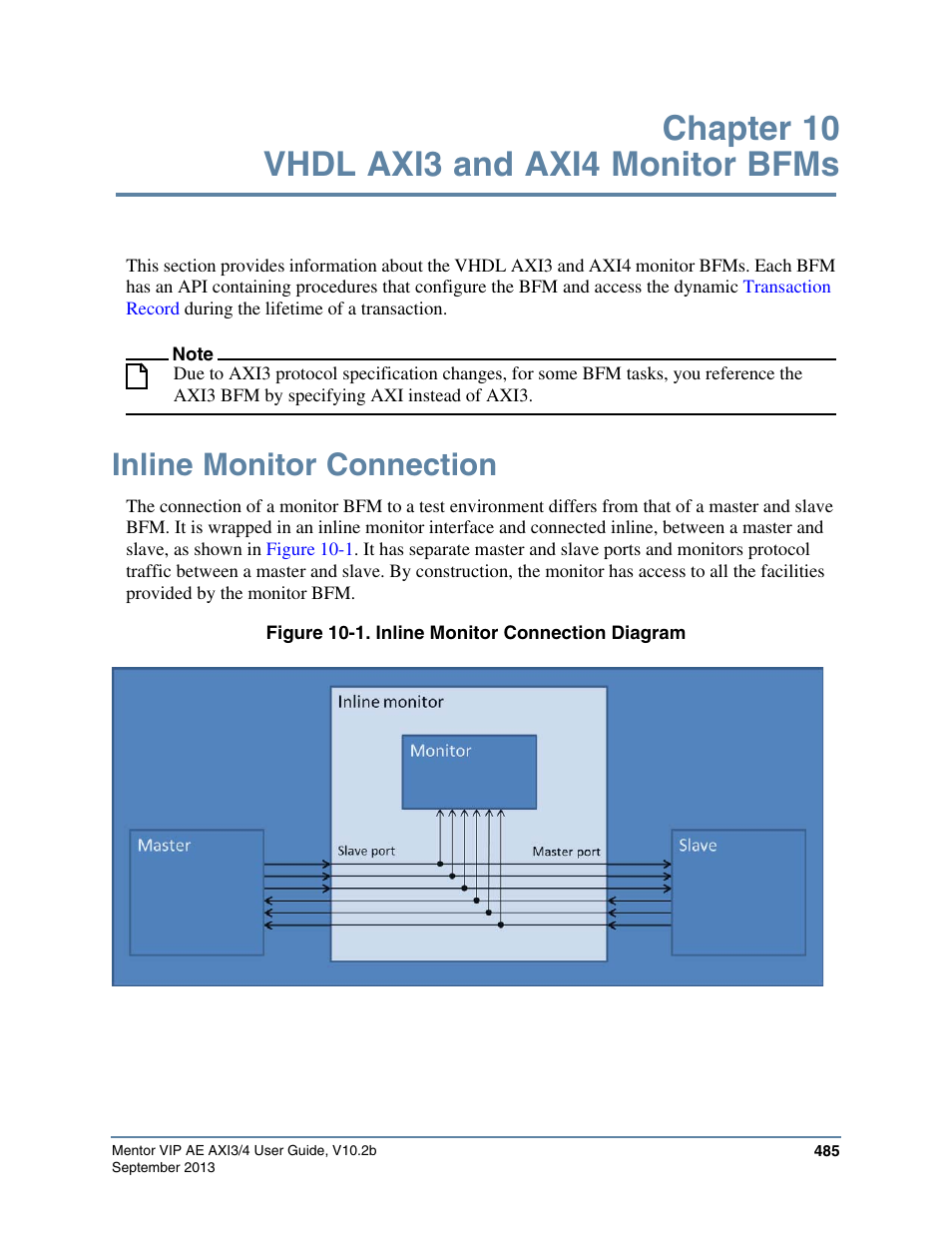 Chapter 10 vhdl axi3 and axi4 monitor bfms, Inline monitor connection, Figure 10-1. inline monitor connection diagram | Altera Mentor Verification IP Altera Edition AMBA AXI3/4TM User Manual | Page 505 / 783