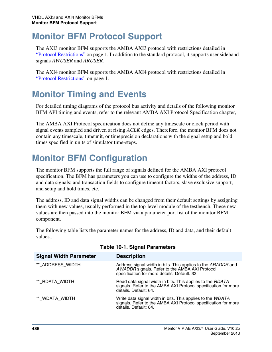 Monitor bfm protocol support, Monitor timing and events, Monitor bfm configuration | Table 10-1. signal parameters | Altera Mentor Verification IP Altera Edition AMBA AXI3/4TM User Manual | Page 506 / 783