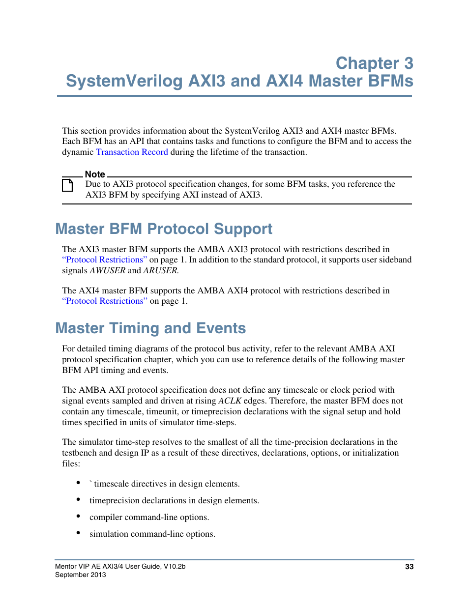 Chapter 3 systemverilog axi3 and axi4 master bfms, Master bfm protocol support, Master timing and events | Altera Mentor Verification IP Altera Edition AMBA AXI3/4TM User Manual | Page 51 / 783
