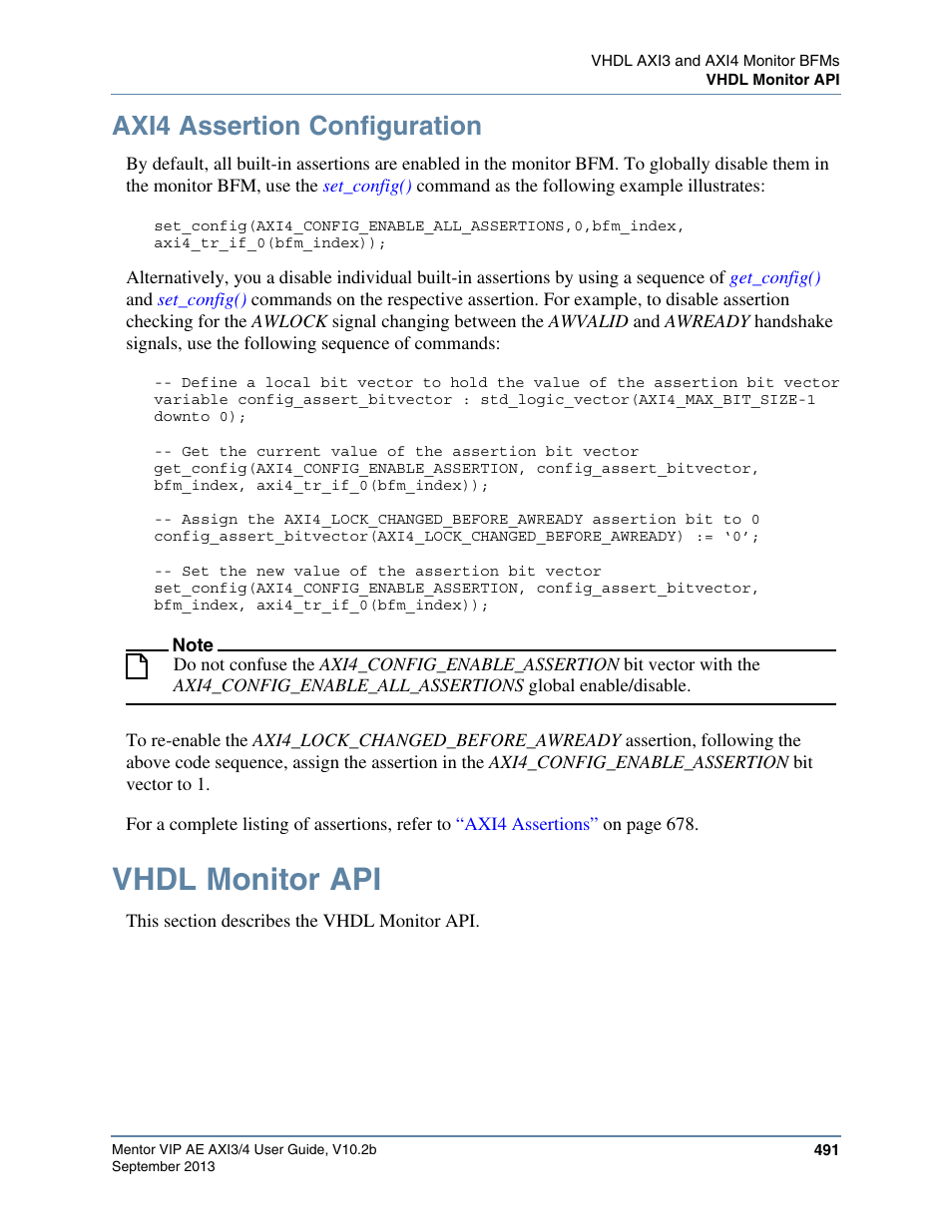 Axi4 assertion configuration, Vhdl monitor api | Altera Mentor Verification IP Altera Edition AMBA AXI3/4TM User Manual | Page 511 / 783