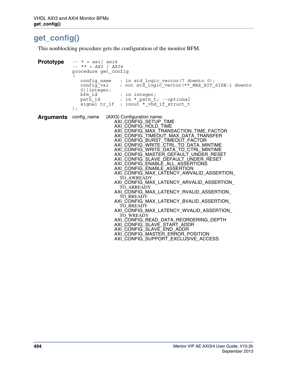 Get_config(), Function. the full list of configuration, Ons by using a sequence of | Altera Mentor Verification IP Altera Edition AMBA AXI3/4TM User Manual | Page 514 / 783