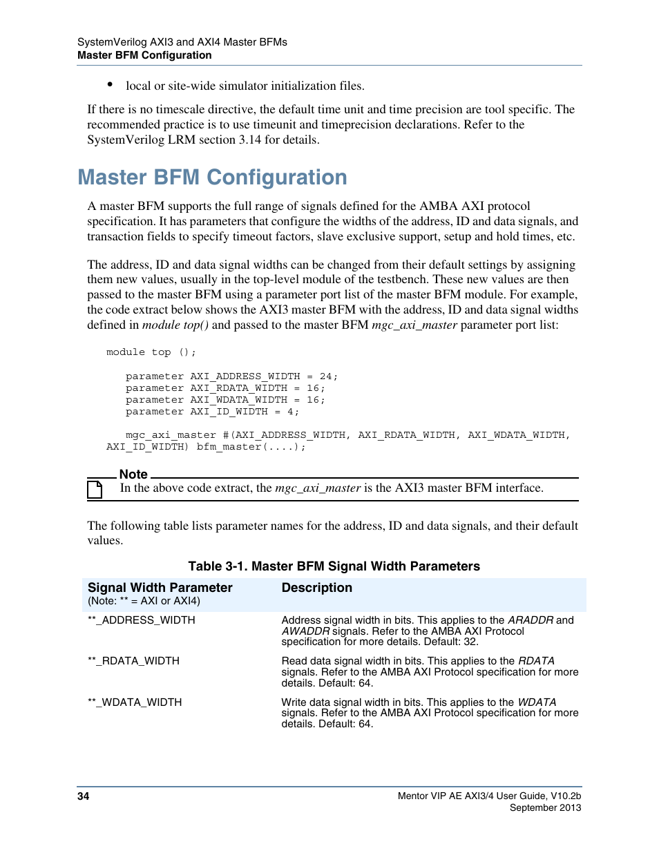 Master bfm configuration, Table 3-1. master bfm signal width parameters | Altera Mentor Verification IP Altera Edition AMBA AXI3/4TM User Manual | Page 52 / 783