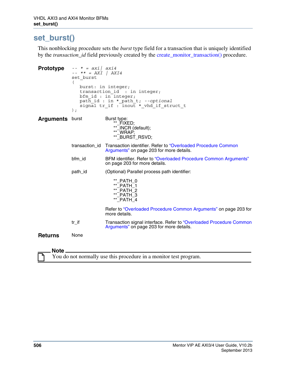 Set_burst() | Altera Mentor Verification IP Altera Edition AMBA AXI3/4TM User Manual | Page 526 / 783