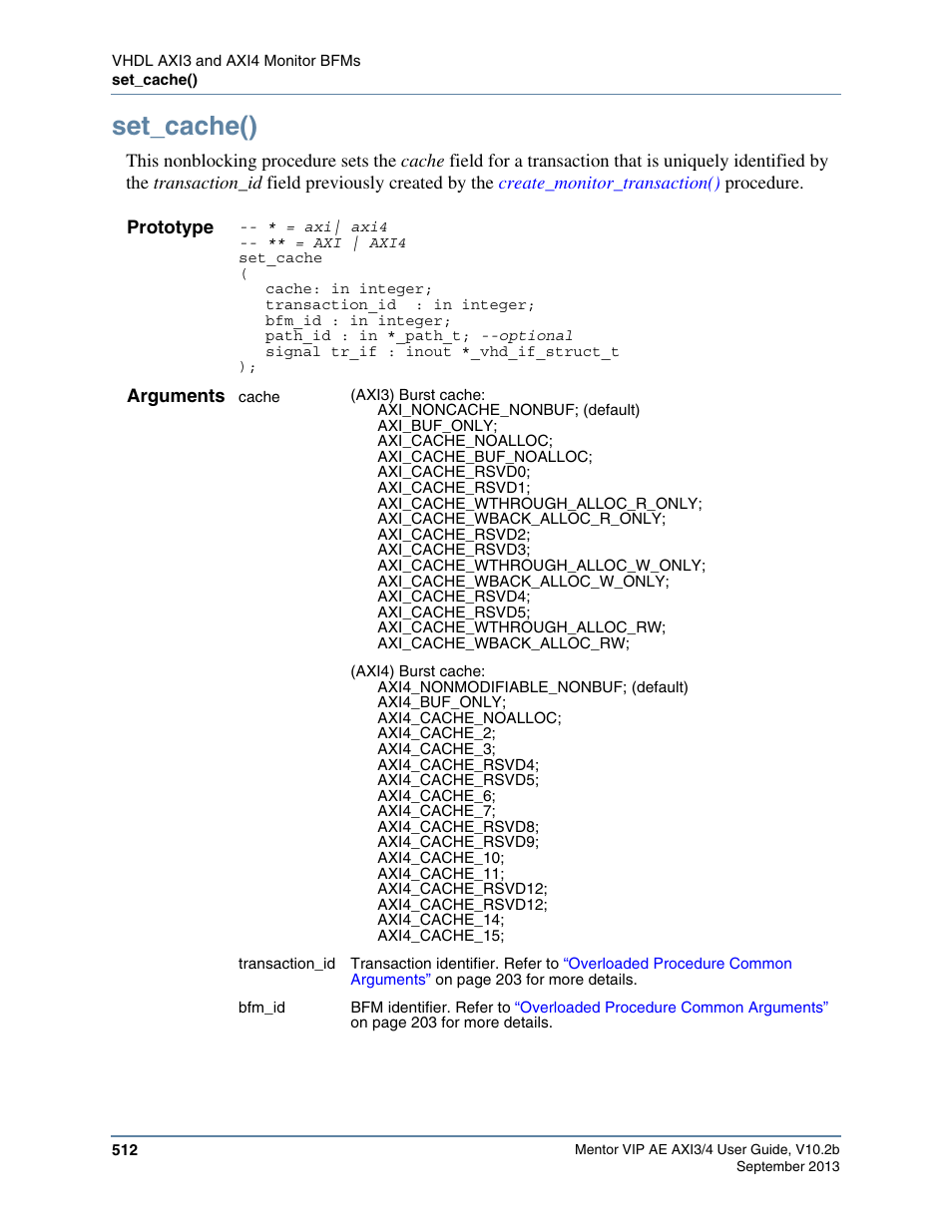 Set_cache() | Altera Mentor Verification IP Altera Edition AMBA AXI3/4TM User Manual | Page 532 / 783