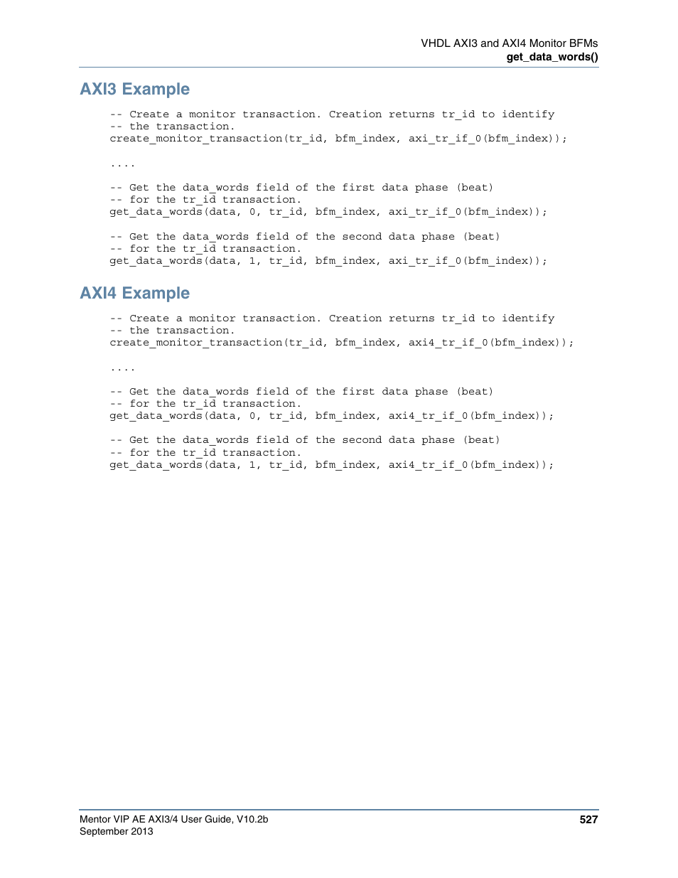 Axi3 example, Axi4 example | Altera Mentor Verification IP Altera Edition AMBA AXI3/4TM User Manual | Page 547 / 783