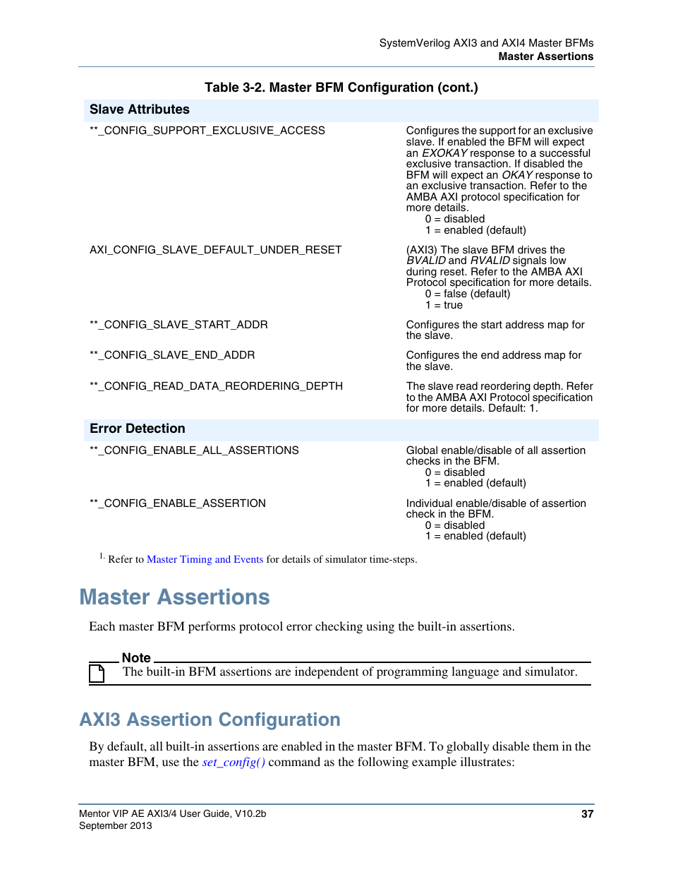 Master assertions, Axi3 assertion configuration | Altera Mentor Verification IP Altera Edition AMBA AXI3/4TM User Manual | Page 55 / 783