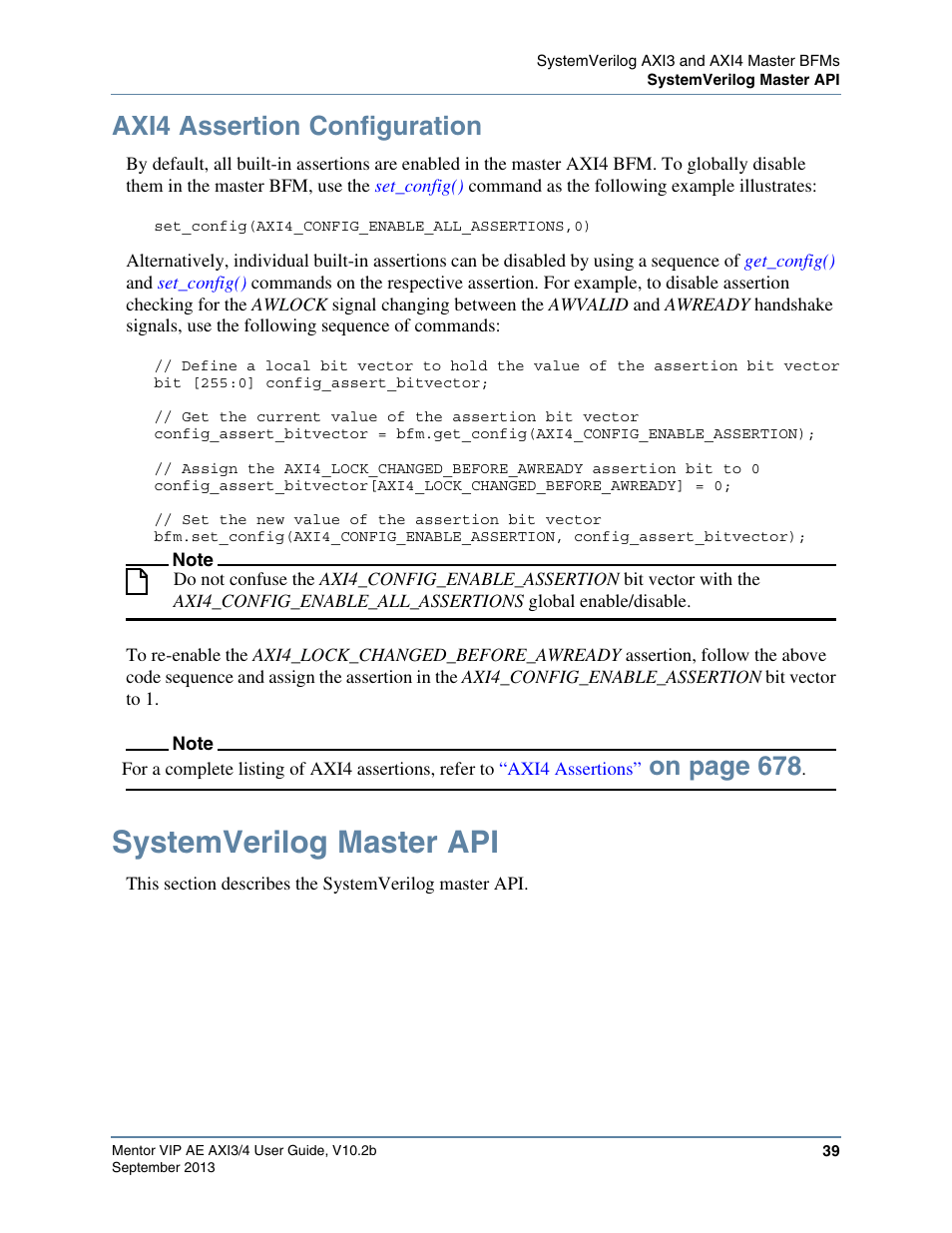 Axi4 assertion configuration, Systemverilog master api, On page 678 | Altera Mentor Verification IP Altera Edition AMBA AXI3/4TM User Manual | Page 57 / 783