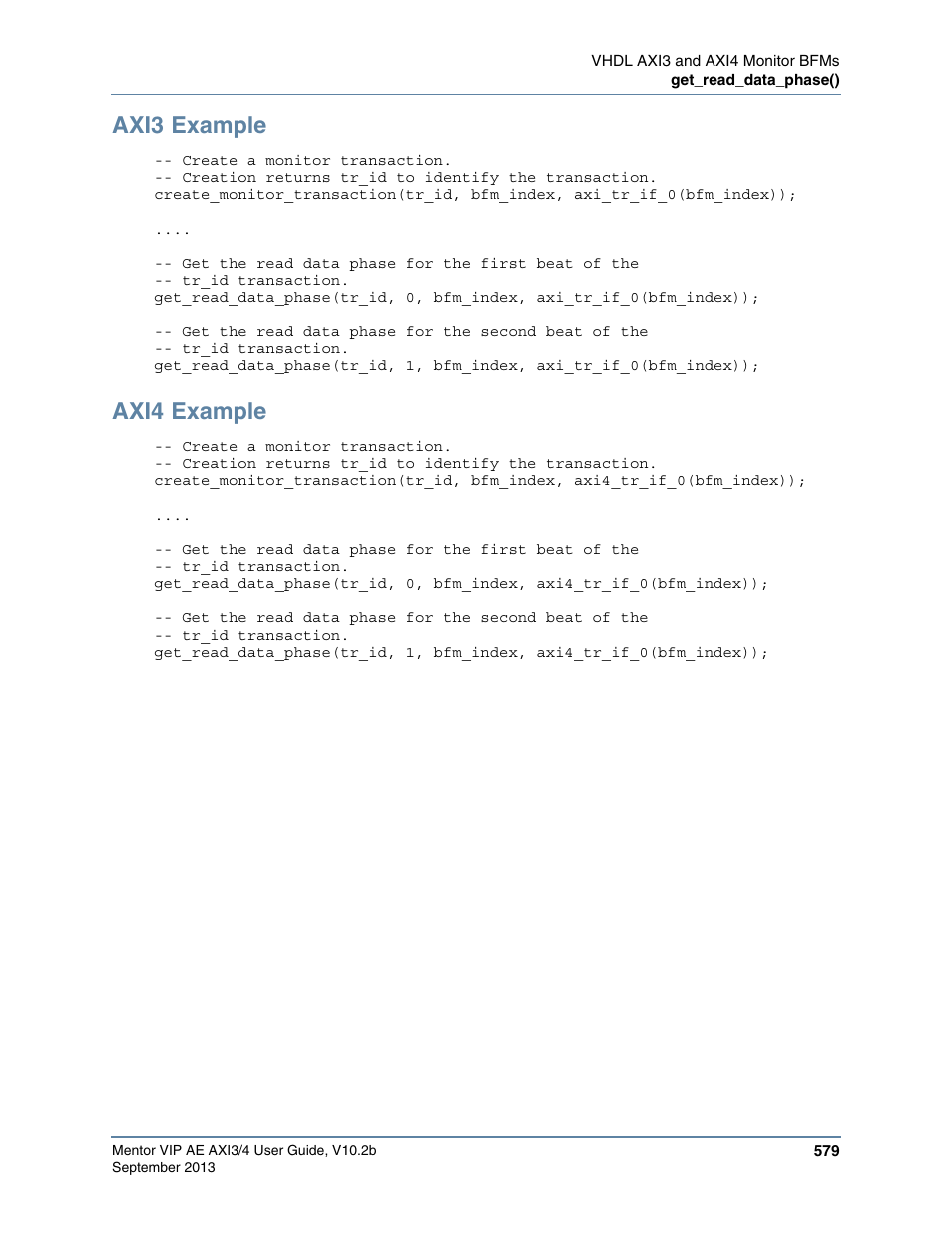 Axi3 example, Axi4 example | Altera Mentor Verification IP Altera Edition AMBA AXI3/4TM User Manual | Page 599 / 783