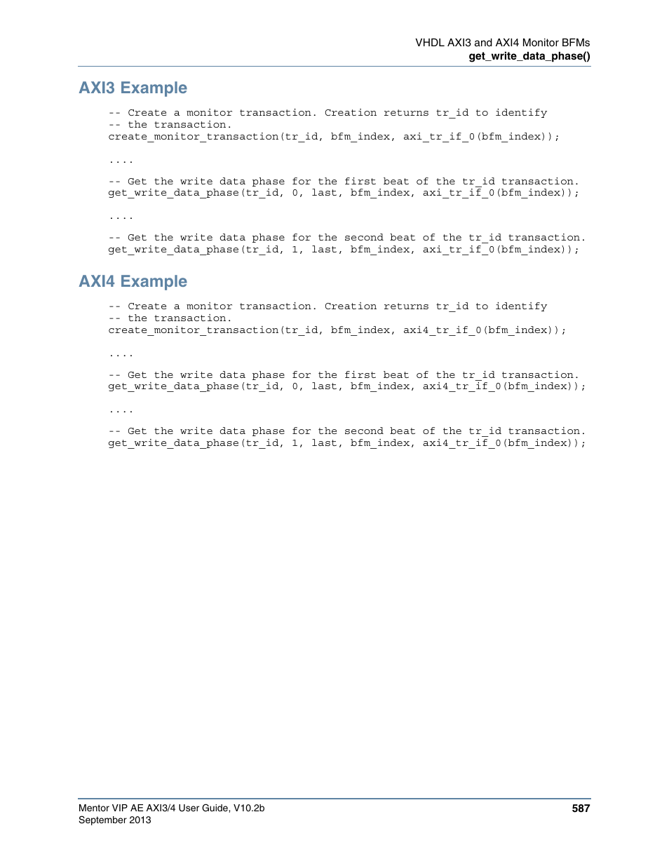 Axi3 example, Axi4 example | Altera Mentor Verification IP Altera Edition AMBA AXI3/4TM User Manual | Page 607 / 783