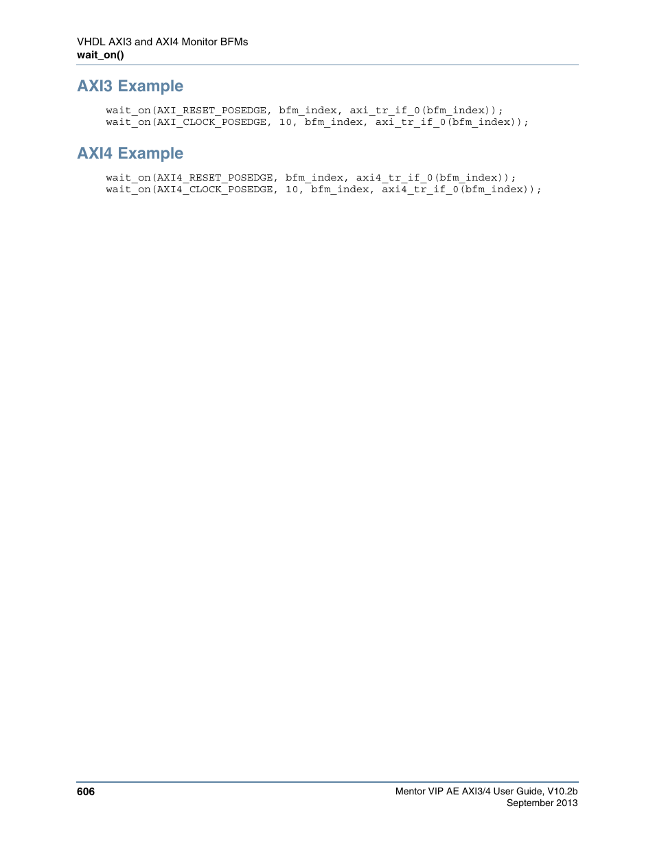 Axi3 example, Axi4 example | Altera Mentor Verification IP Altera Edition AMBA AXI3/4TM User Manual | Page 626 / 783