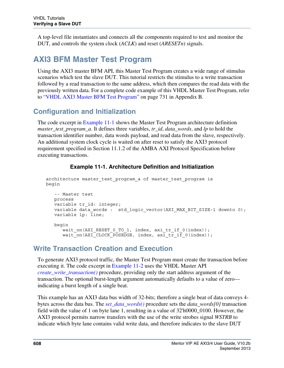 Axi3 bfm master test program, Configuration and initialization, Write transaction creation and execution | Altera Mentor Verification IP Altera Edition AMBA AXI3/4TM User Manual | Page 628 / 783