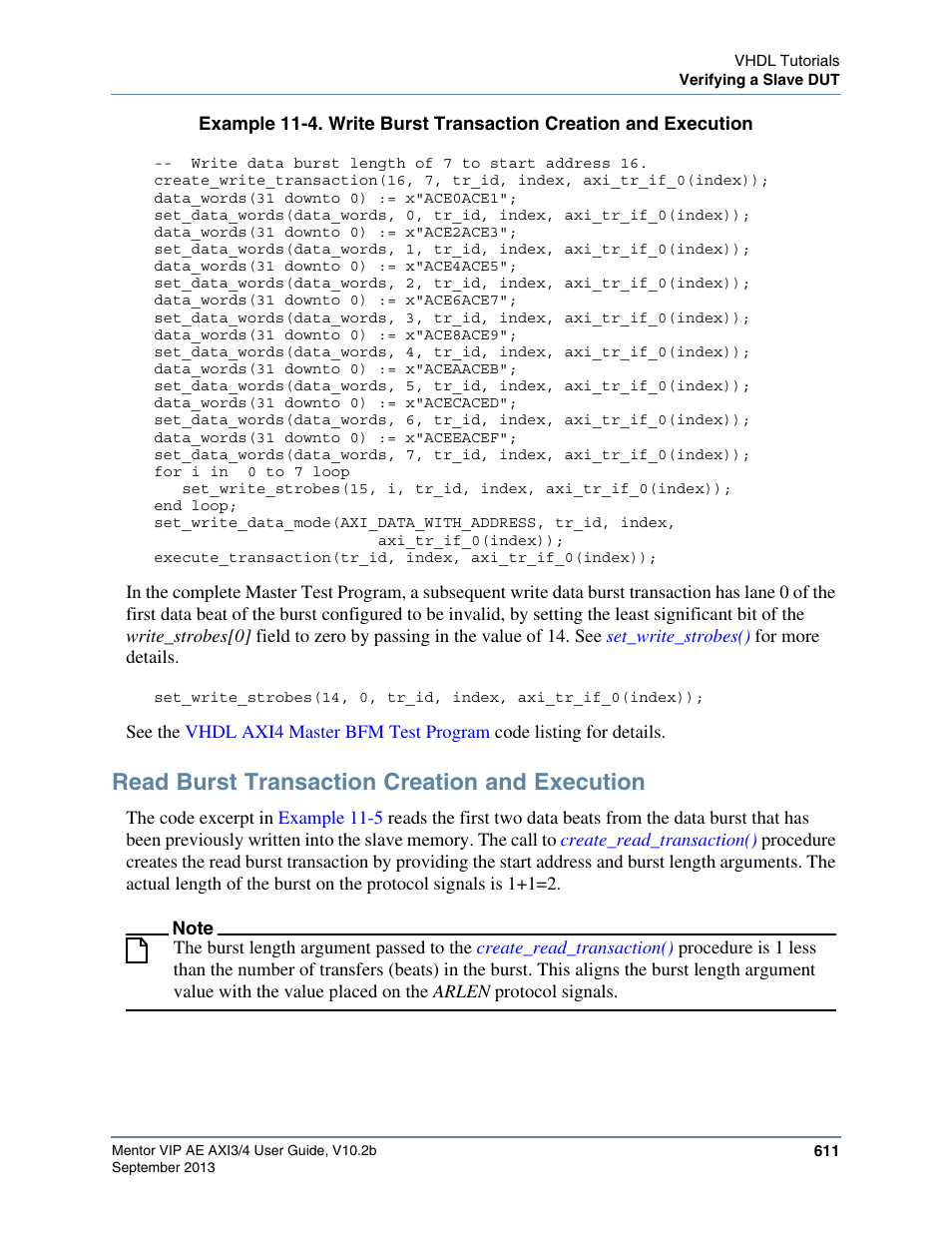 Read burst transaction creation and execution, Example 11-4 | Altera Mentor Verification IP Altera Edition AMBA AXI3/4TM User Manual | Page 631 / 783