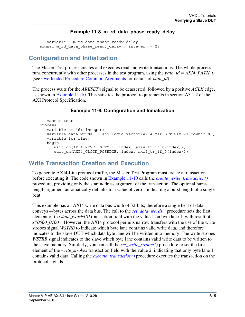 Configuration and initialization, Write transaction creation and execution, Example 11-8 | Below shows the | Altera Mentor Verification IP Altera Edition AMBA AXI3/4TM User Manual | Page 635 / 783