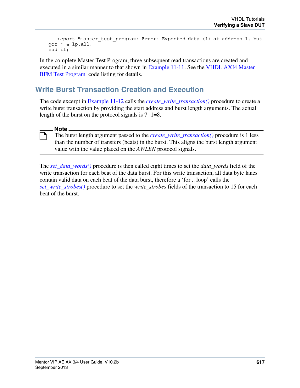 Write burst transaction creation and execution | Altera Mentor Verification IP Altera Edition AMBA AXI3/4TM User Manual | Page 637 / 783