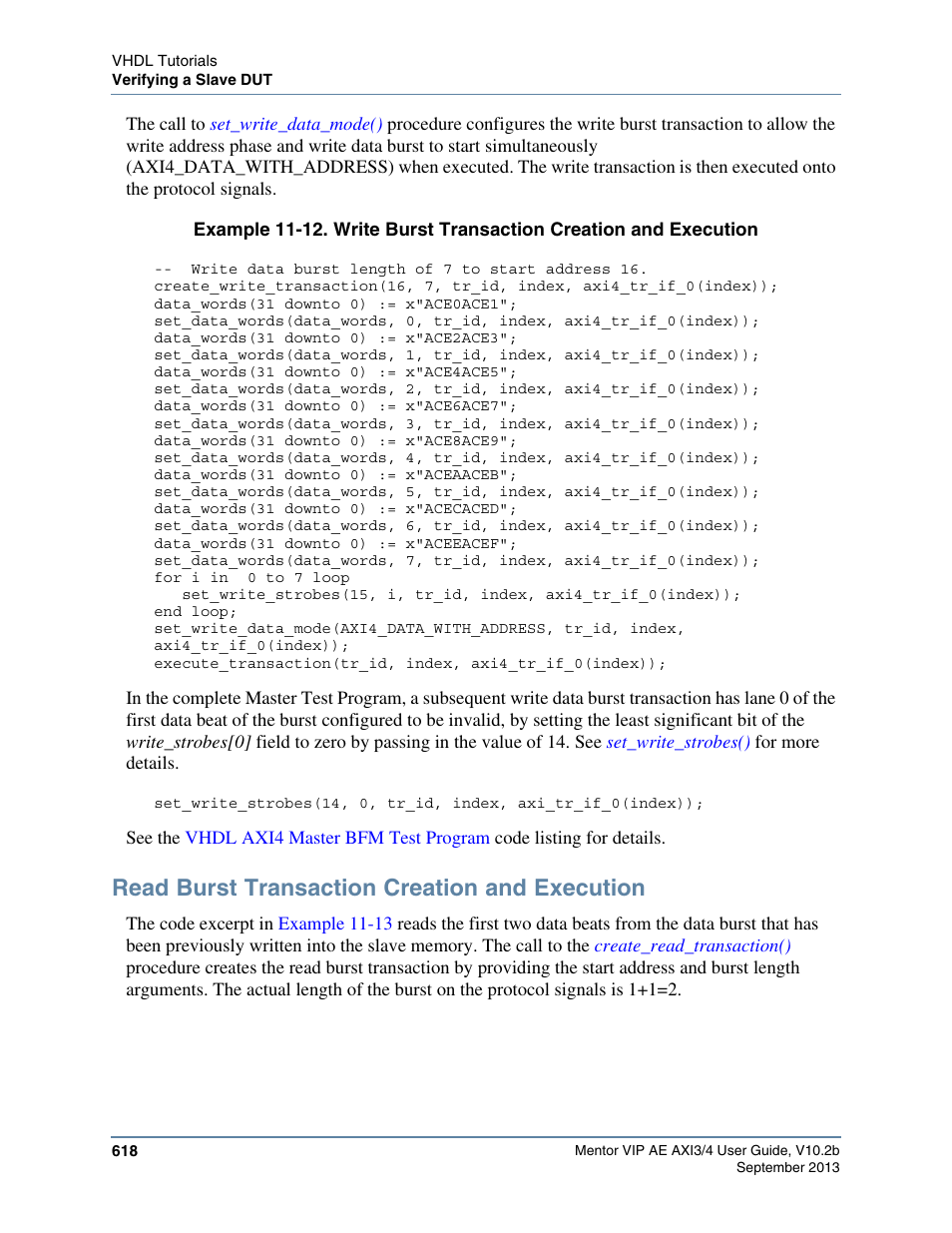 Read burst transaction creation and execution, Example 11-12 | Altera Mentor Verification IP Altera Edition AMBA AXI3/4TM User Manual | Page 638 / 783