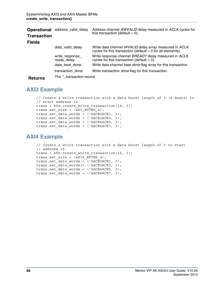 Axi3 example, Axi4 example | Altera Mentor Verification IP Altera Edition AMBA AXI3/4TM User Manual | Page 64 / 783
