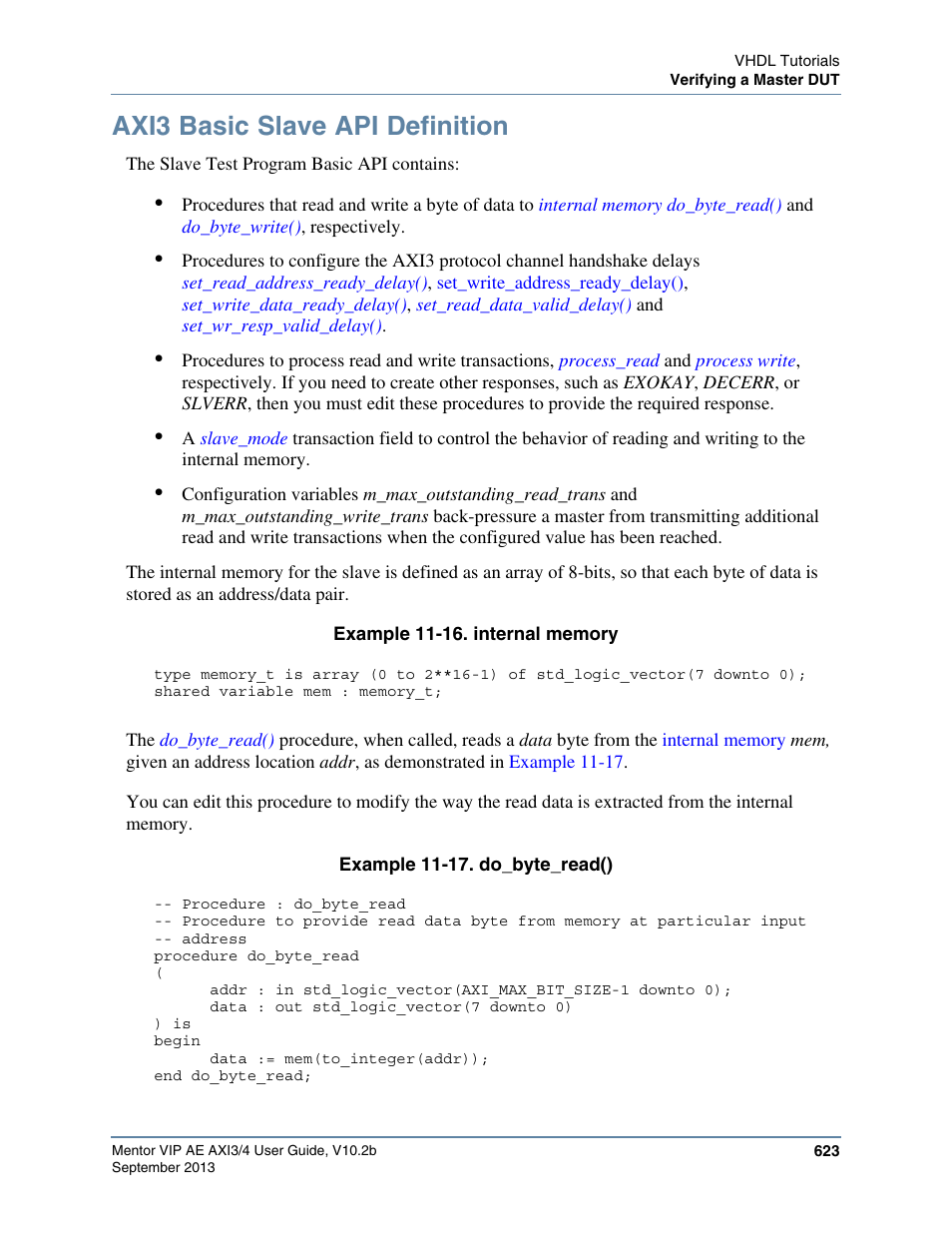 Axi3 basic slave api definition, Axi3 basic slave api, Definition | Altera Mentor Verification IP Altera Edition AMBA AXI3/4TM User Manual | Page 643 / 783