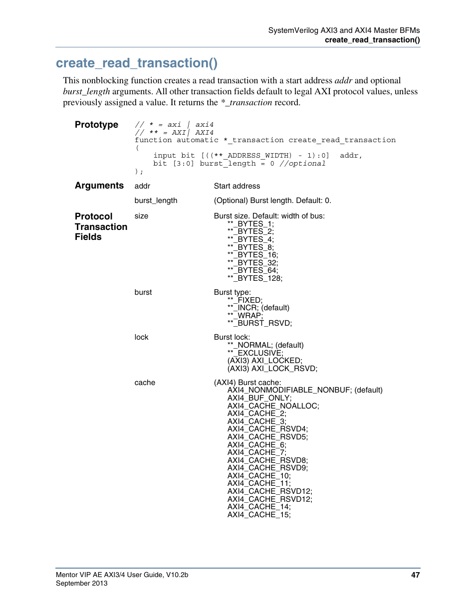 Create_read_transaction(), Refer to the | Altera Mentor Verification IP Altera Edition AMBA AXI3/4TM User Manual | Page 65 / 783