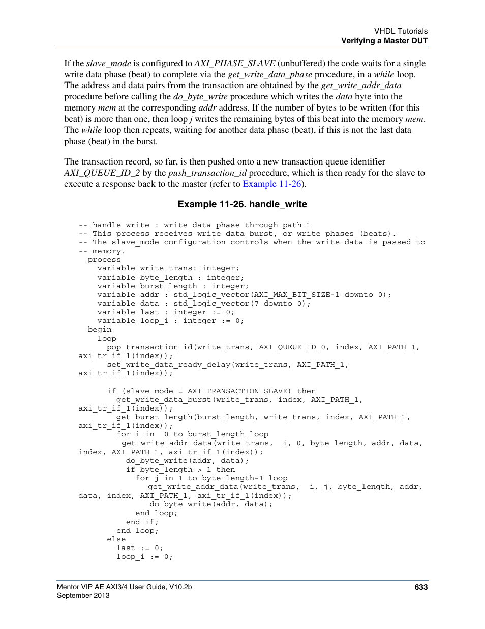 Example 11-26. handle_write, Handle_write, Code extract demonstrates | Altera Mentor Verification IP Altera Edition AMBA AXI3/4TM User Manual | Page 653 / 783