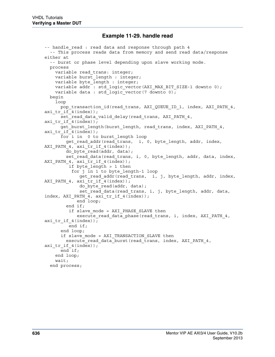 Example 11-29. handle read, Handle read, Example 11-29 | Altera Mentor Verification IP Altera Edition AMBA AXI3/4TM User Manual | Page 656 / 783