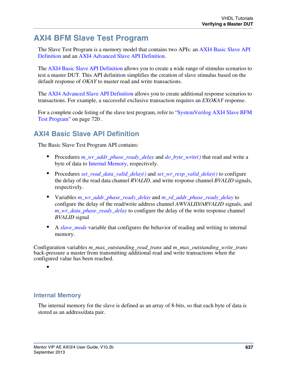 Axi4 bfm slave test program, Axi4 basic slave api definition, Internal memory | Altera Mentor Verification IP Altera Edition AMBA AXI3/4TM User Manual | Page 657 / 783
